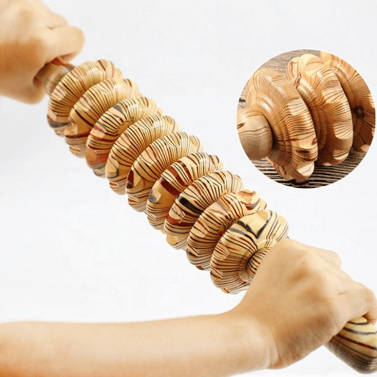 Real Wooden Massage Roller Stick 9 Wheels Natural Wood Body Massager for Muscle Relaxation and Blood Circulation